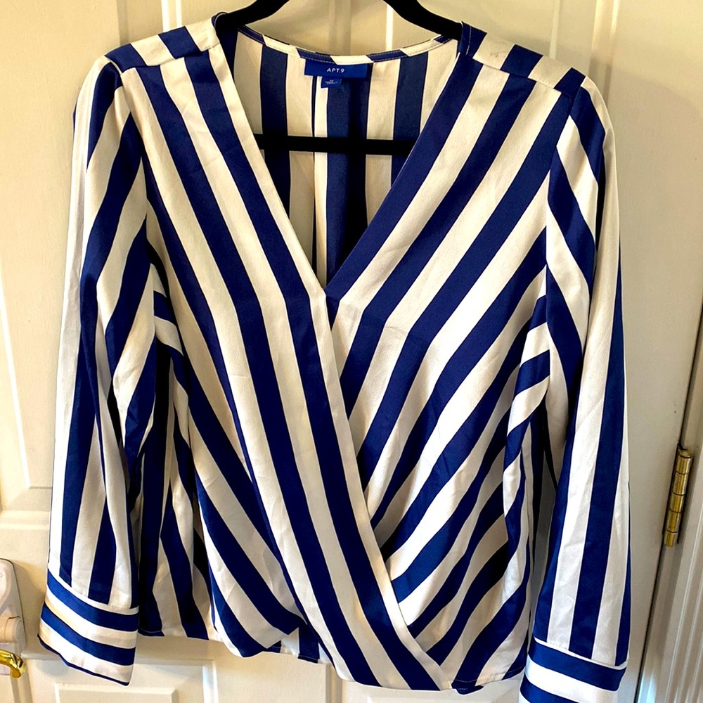 women’s blue striped polyester blouse, cross over style in front